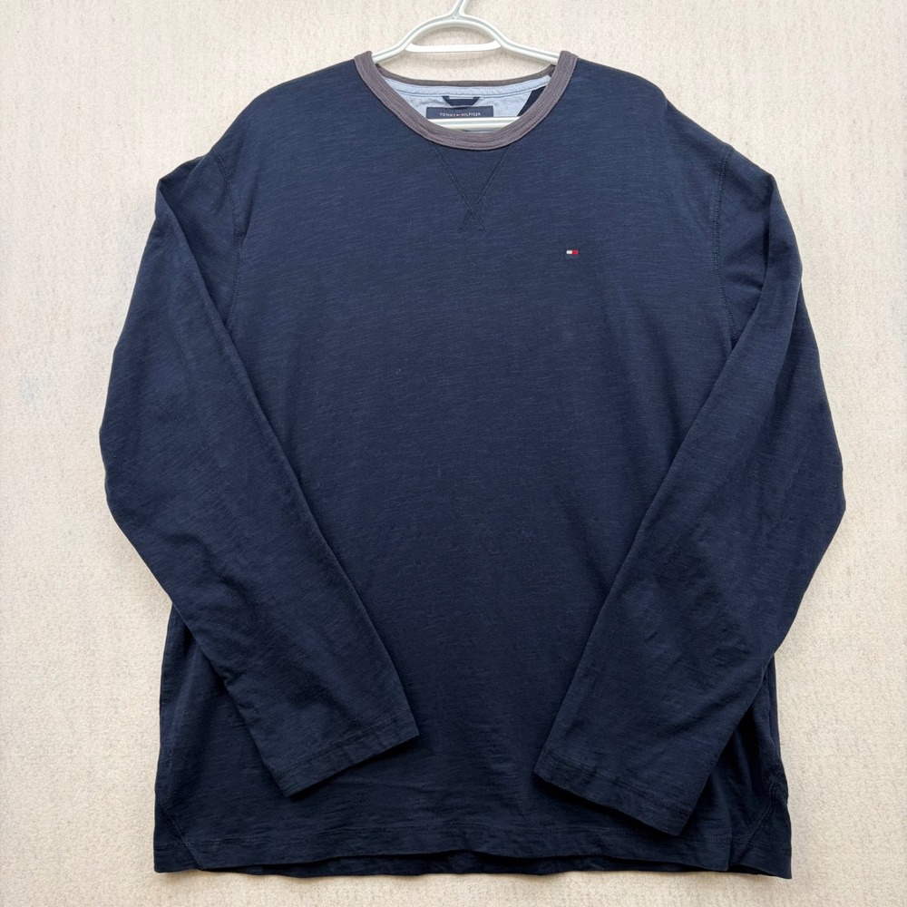 Tommy Hilfiger Mens XL Long Sleeve T-Shirt Navy Blue Slub Knit Cotton Crew Neck
